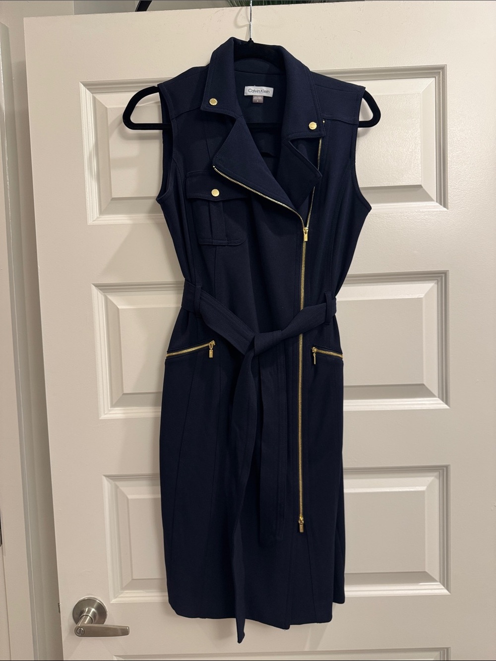 Calvin Klein Navy Sleeveless Zip-Front Belted Midi Dress